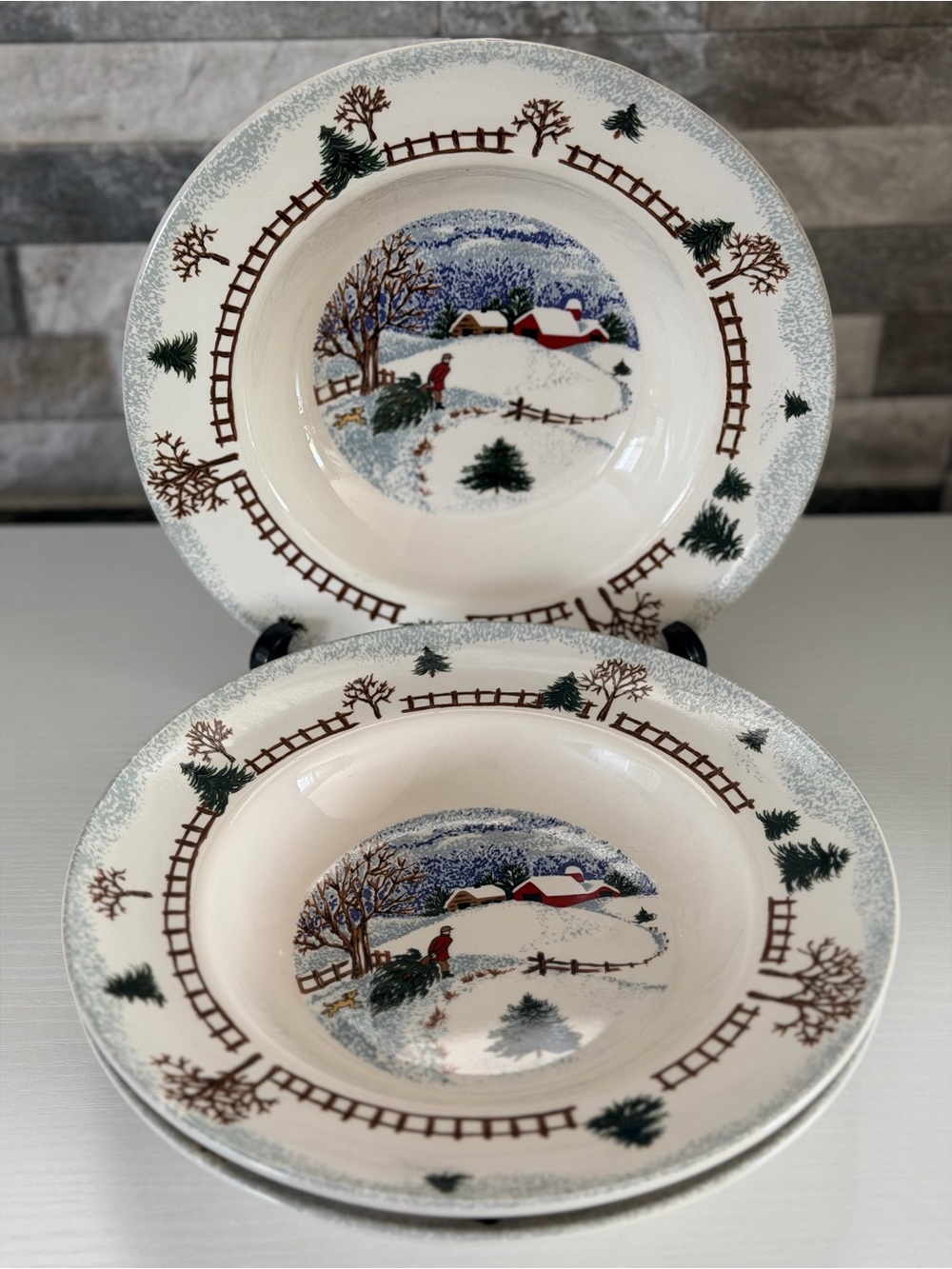 Y2K Vintage 3pc Tienshan Folkcraft Winterside 9” Soup Bowls Snowy Winter Scene